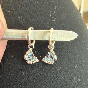 Pandora Silver Blue Butterfly Hoop Charm Earrings